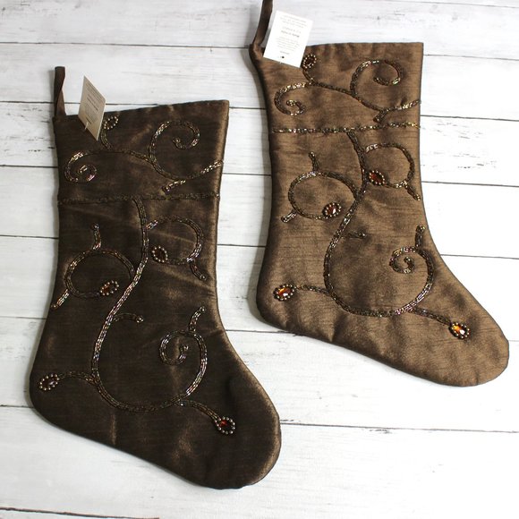 Christmas Brown Satin Stockings Beaded Jewels 17" Lot of 2 - Picture 1 of 5